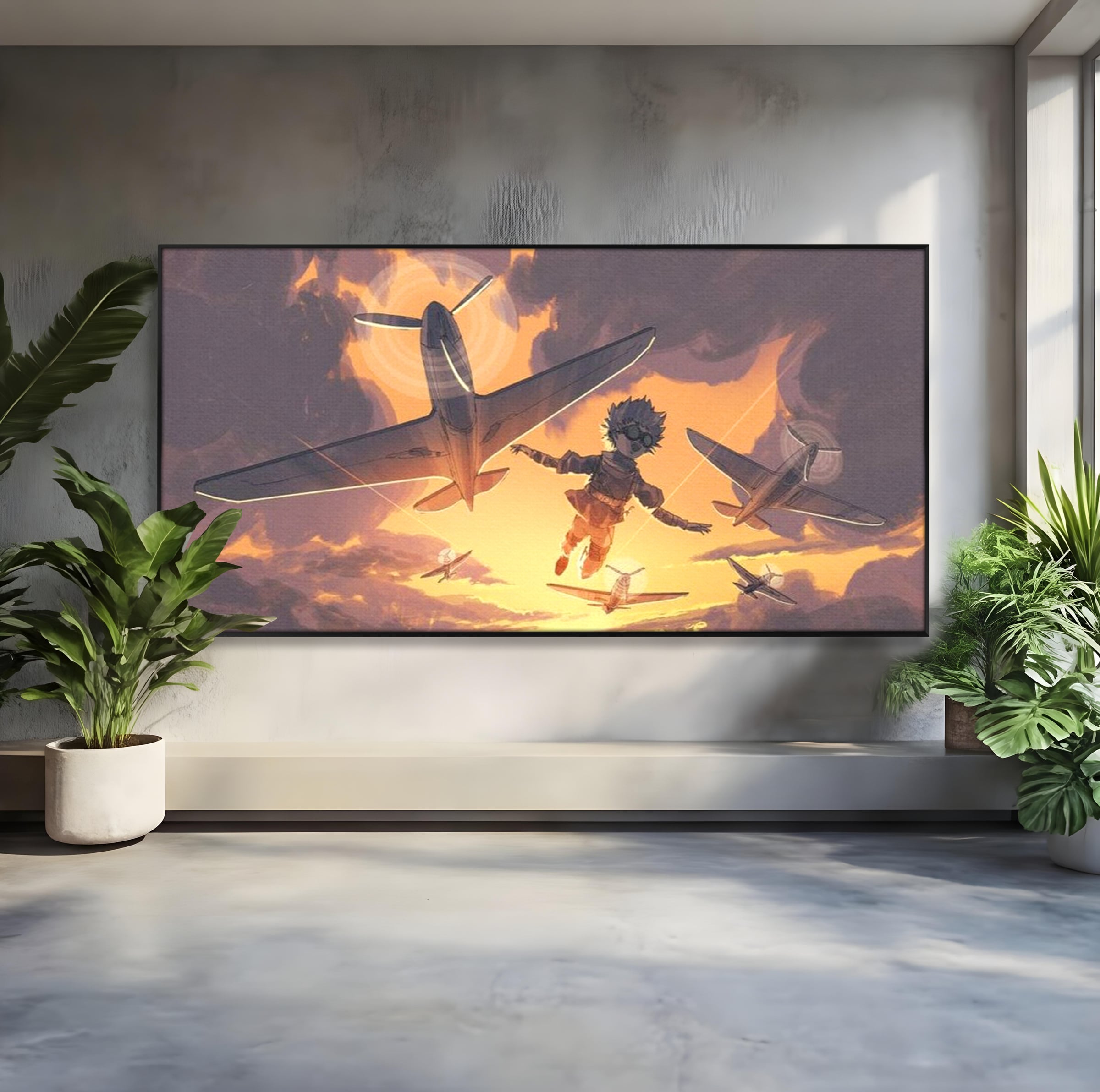 Tablou canvas cu ilustratie digitala cu un baietel zburand alaturi de avioane, in rama de aluminiu negru